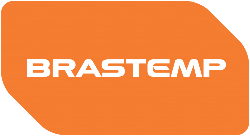 Logotipo branco da Brastemp sobre fundo laranja.