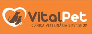 Nome VitalPet em letras escuras e claras sobre fundo laranja.