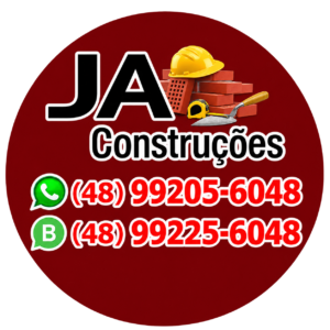 Logo da JA Construções em Itajaí, com capacete, tijolos e ferramentas sobre fundo vermelho.