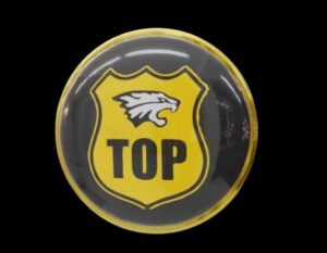 Logomarca da TOP Vigilância Privada, com escudo amarelo, águia e fundo preto